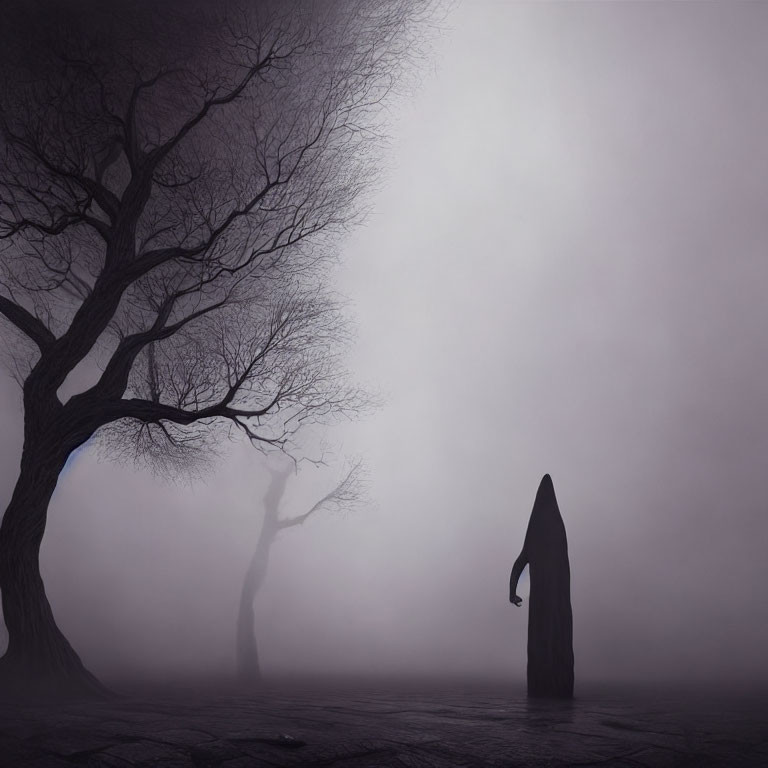 Cloaked figure under leafless tree in foggy landscape