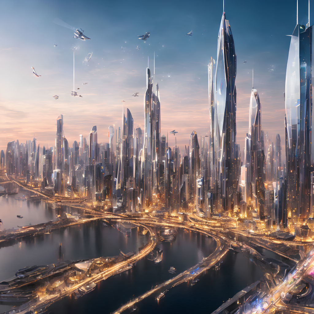 Futuristic cityscape at dusk with illuminated skyscrapers and flying vehicles.