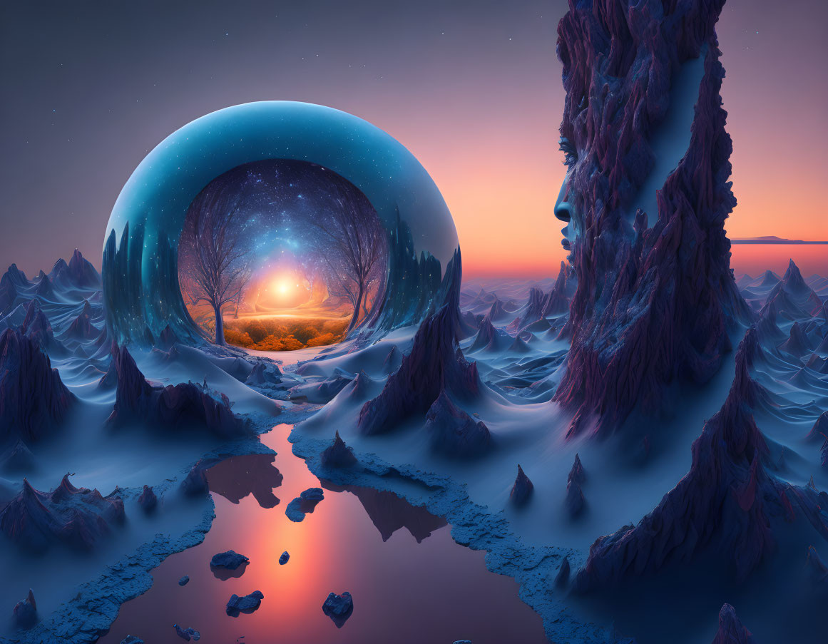 Fantastical landscape with glowing orb, reflective water, icy rocks, and starry sky