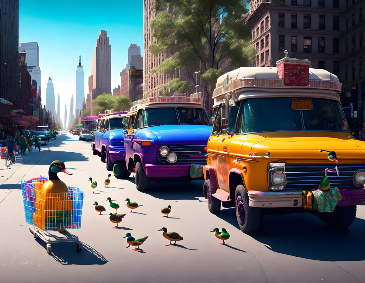 Colorful Vintage Vans and Ducks on Sunny City Street