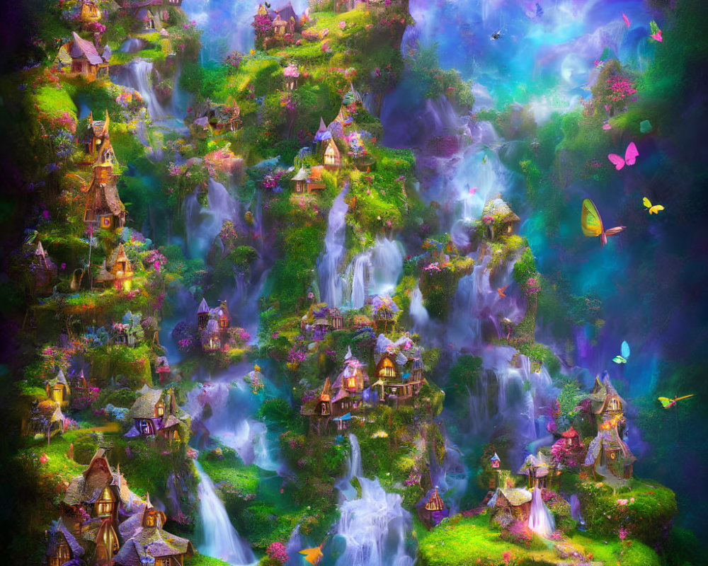 Fantastical landscape with whimsical cottages, waterfalls, and colorful butterflies