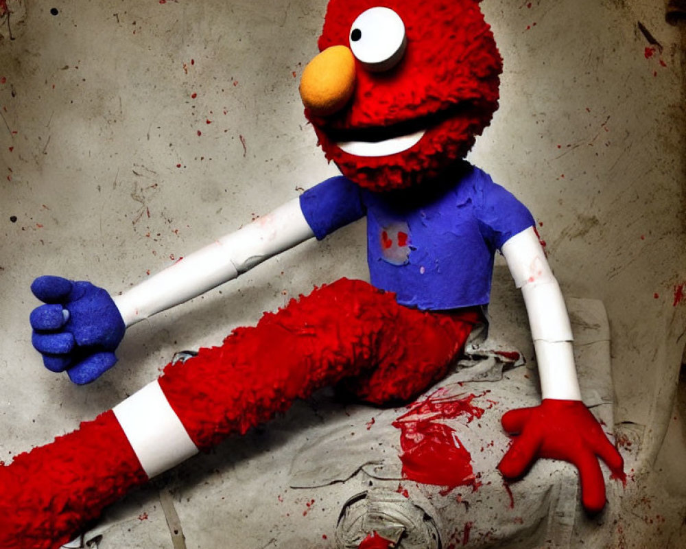 Dark reinterpretation of red puppet character with missing eye and blood-like splatters