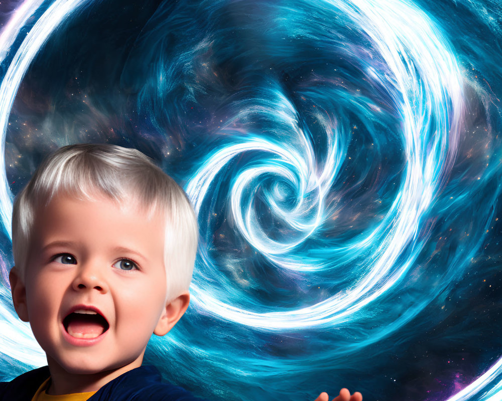 Blond-Haired Child Smiling in Cosmic Blue Background