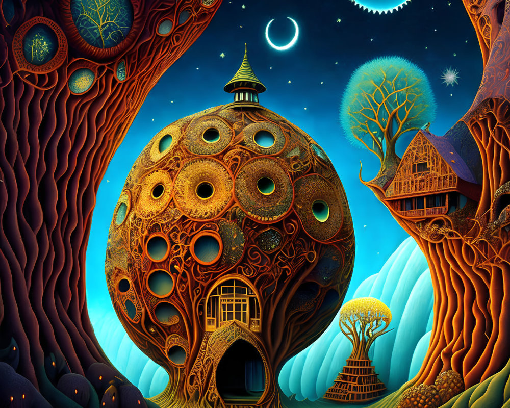 Fantasy landscape with whimsical trees, spherical house, treehouse, moons, stars