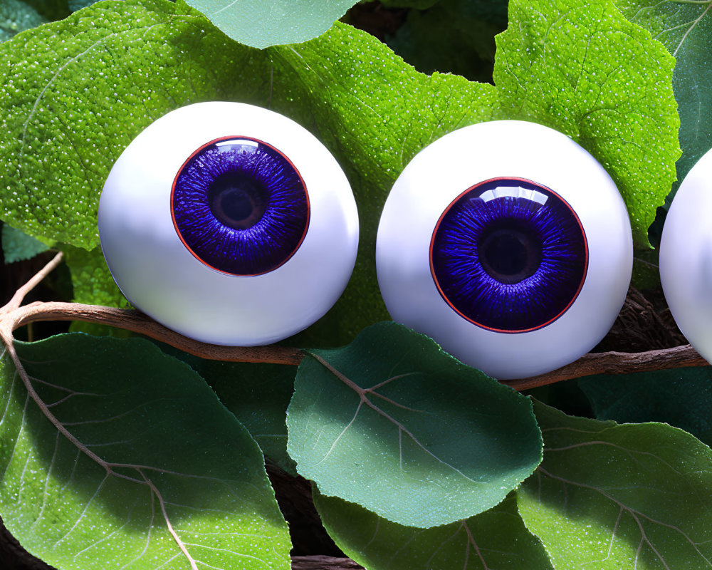 Realistic eyeballs with deep blue irises among vibrant green leaves