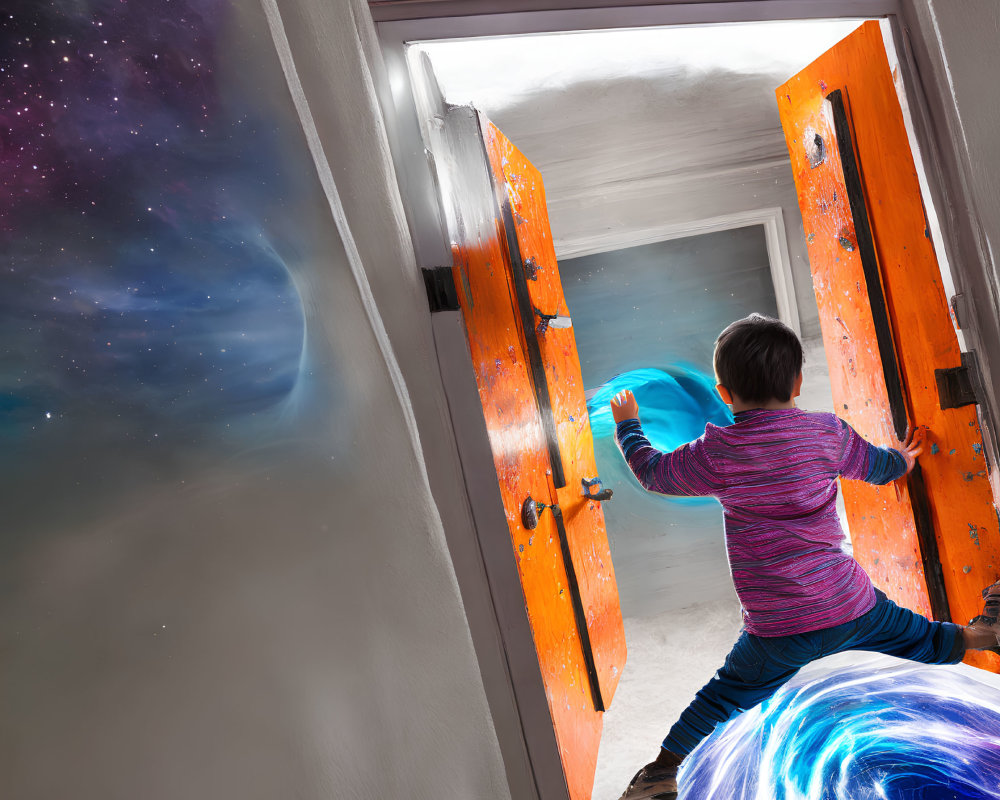 Child Enters Cosmic Space with Galaxies and Stars