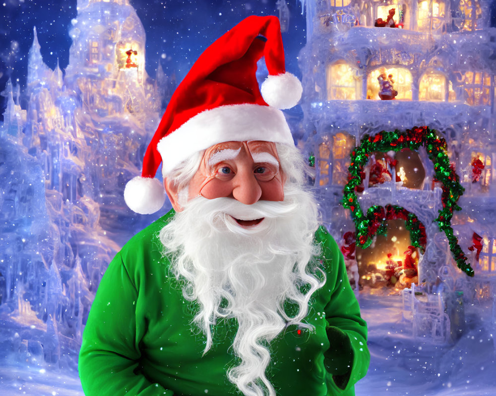 Cheerful Santa Claus with white beard, green shirt, holding gift, snowy village background