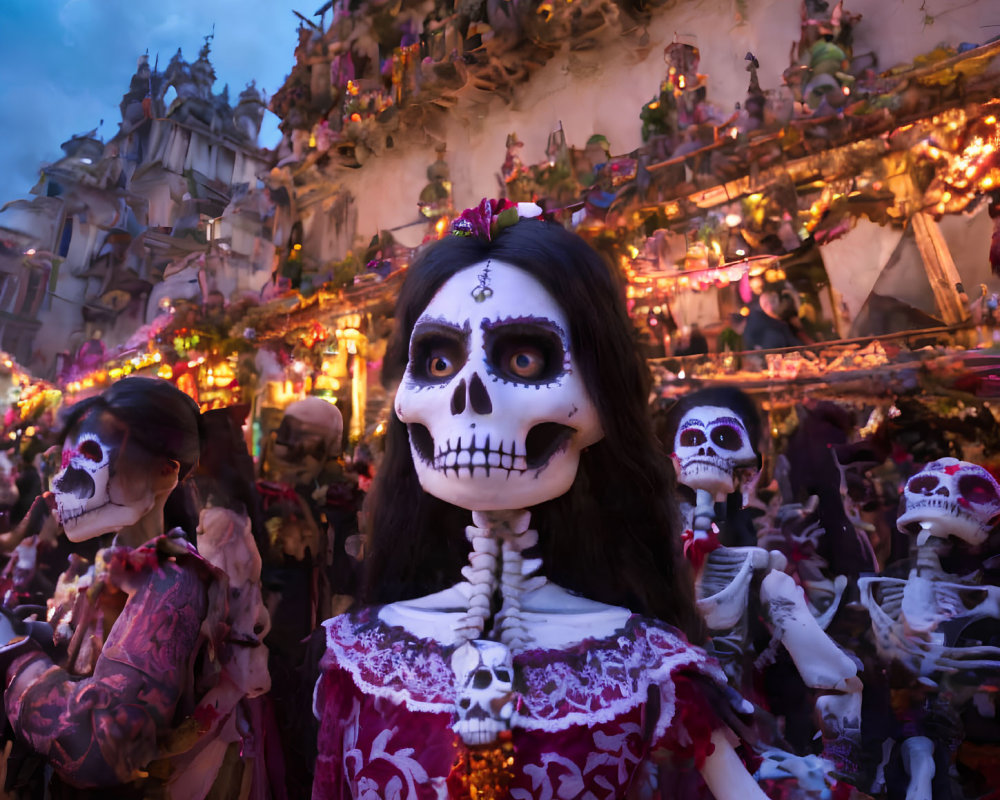 Skeleton costumes and face paint: Day of the Dead celebration with vibrant altars.