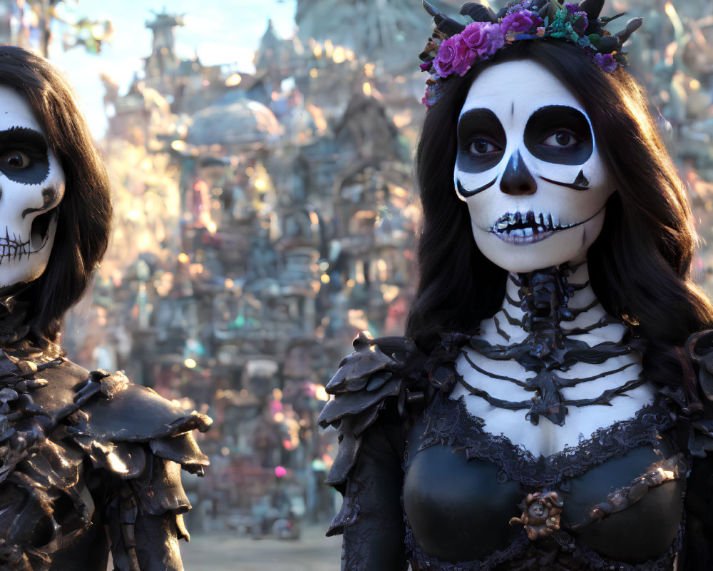 Skull Makeup People in Elaborate Costumes at Day of the Dead Celebration