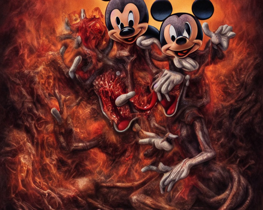 Dark, fiery image with eerie caricatures against chaotic inferno background