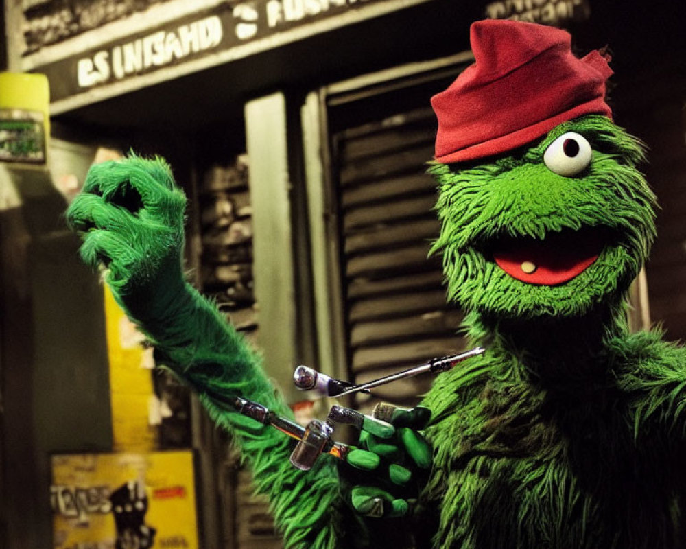 Fluffy monster puppet in green with red beret and drumsticks by graffiti wall