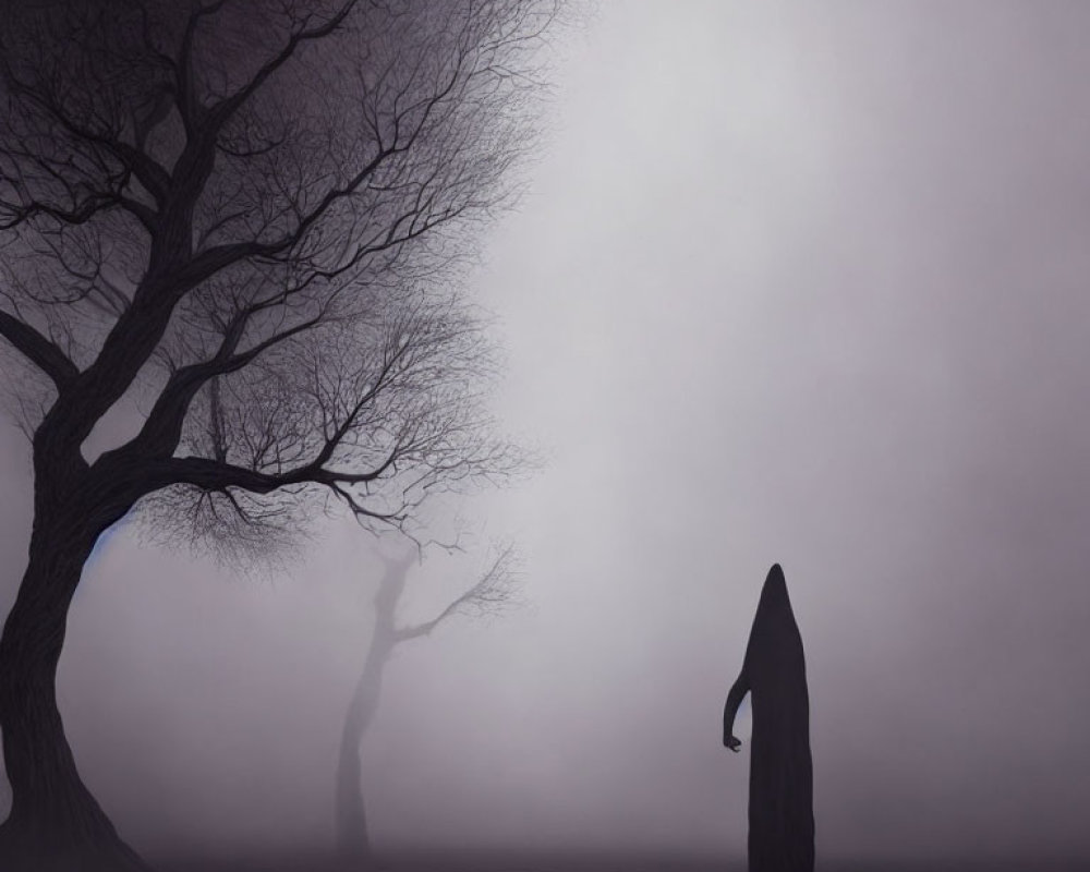 Cloaked figure under leafless tree in foggy landscape