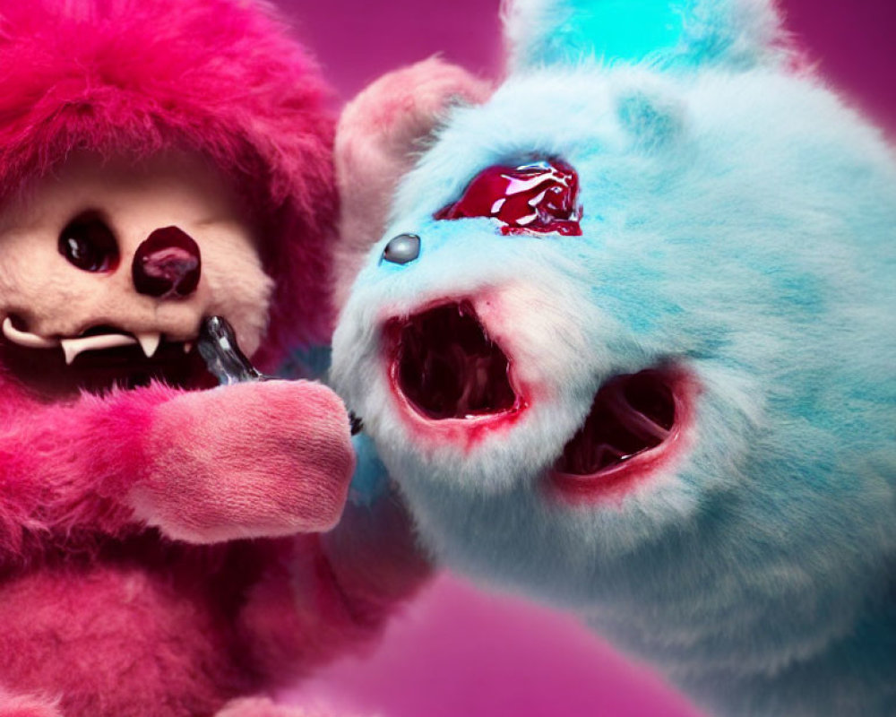 Menacing Pink and Blue Furry Creatures on Magenta Background