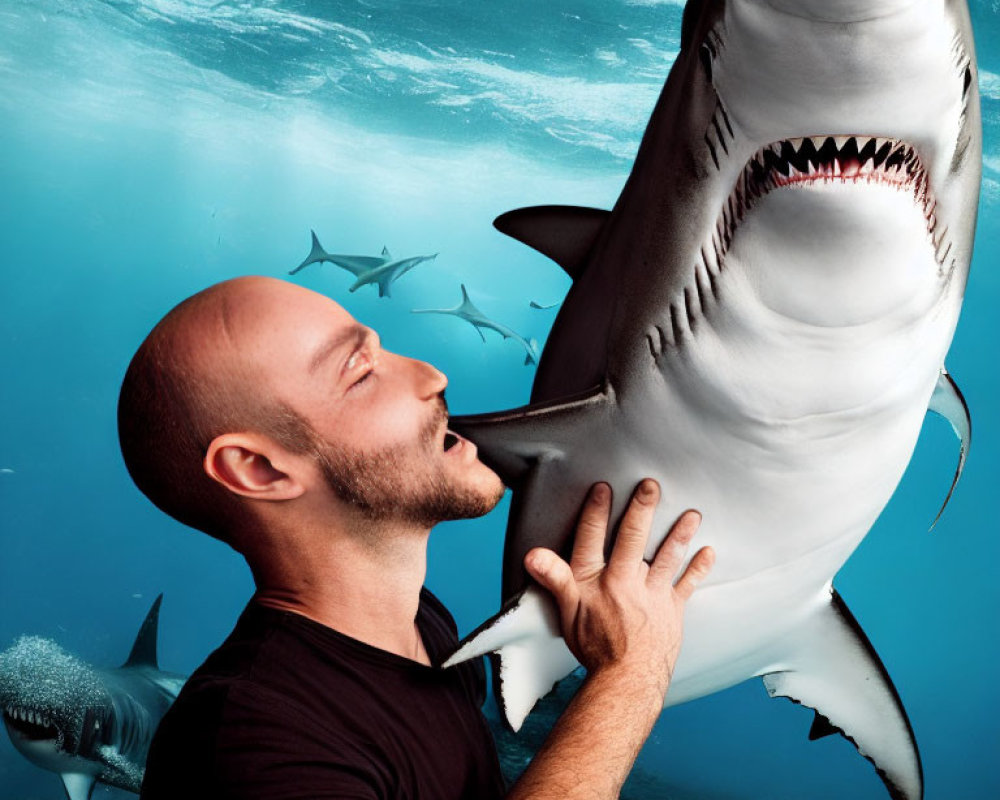 Bald man in black shirt wrestles with great white shark underwater