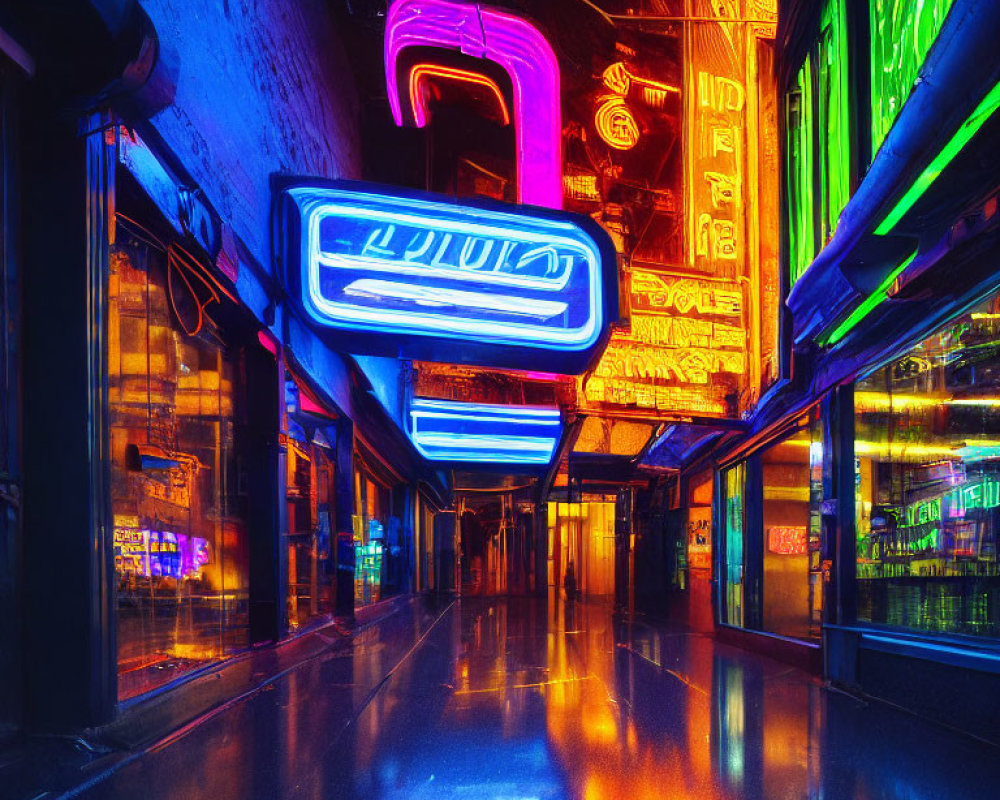 Vibrant neon lights in narrow urban alleyway at night