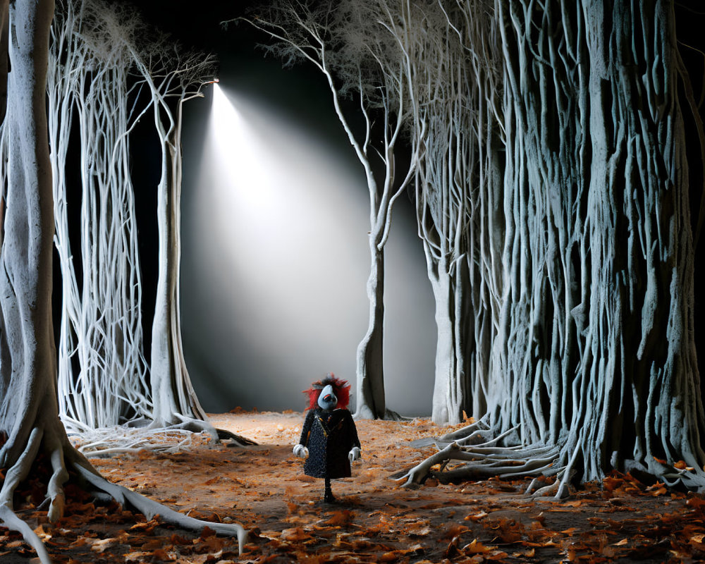 Plague doctor in mask and costume in forest with white trees