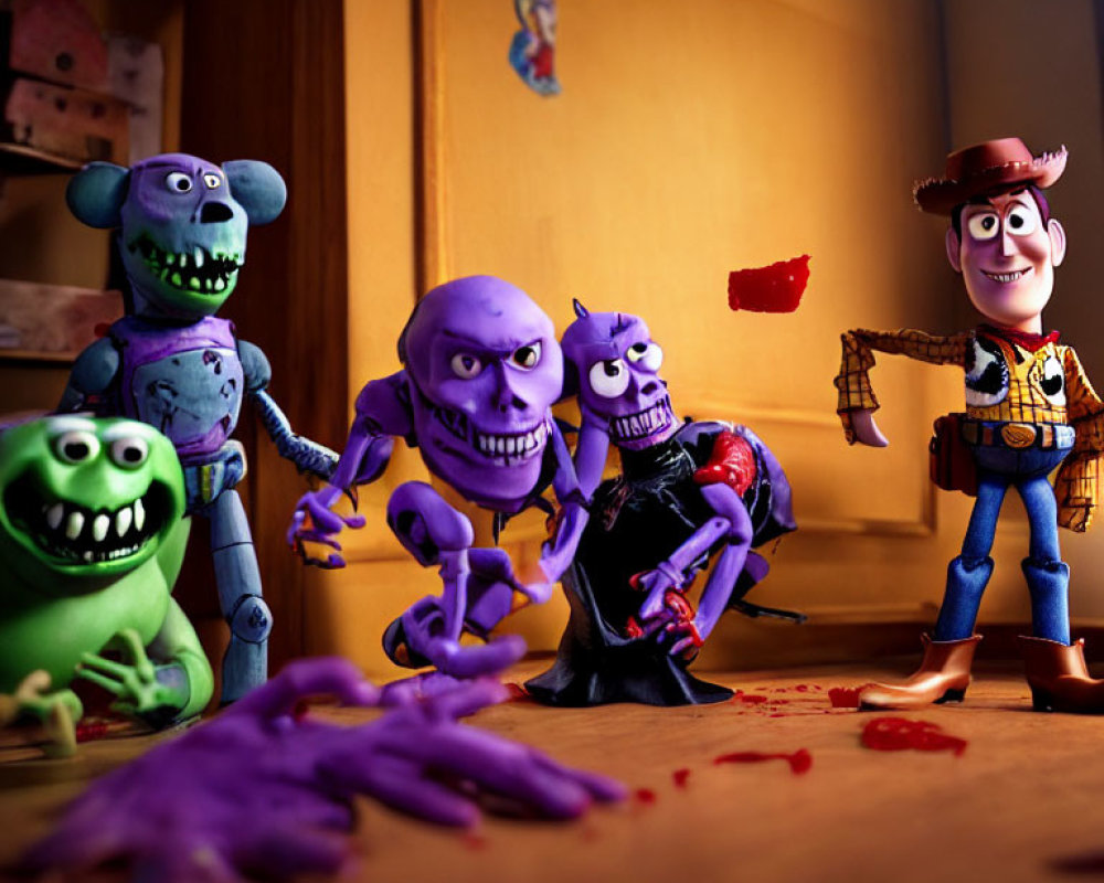 Colorful cartoon monsters surround smiling Woody in messy room.