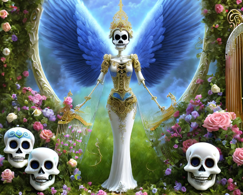 Thai regalia adorned skeletal figure with blue wings, roses, skulls, surreal cloudy backdrop