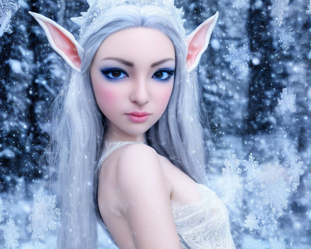 Elf with Crown in Snowy Winter Scene: Digital Artwork