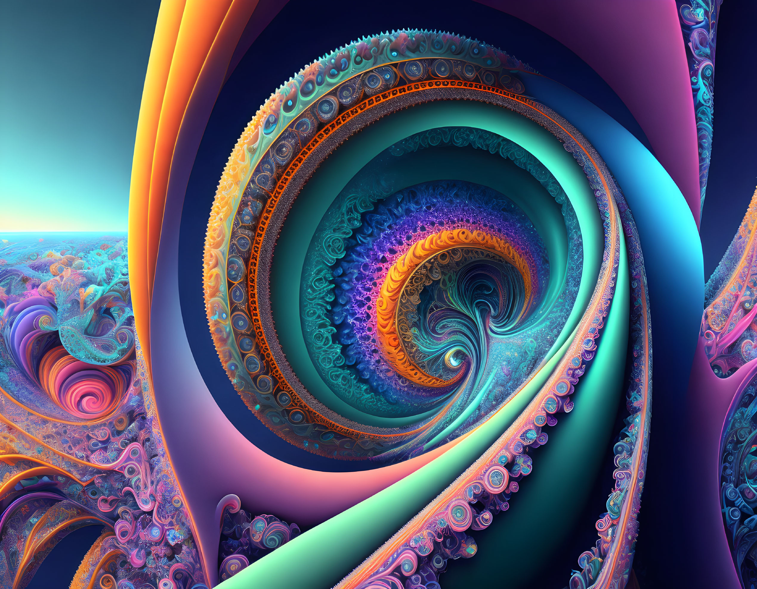 Colorful fractal graphic with swirling blue, orange, and purple patterns