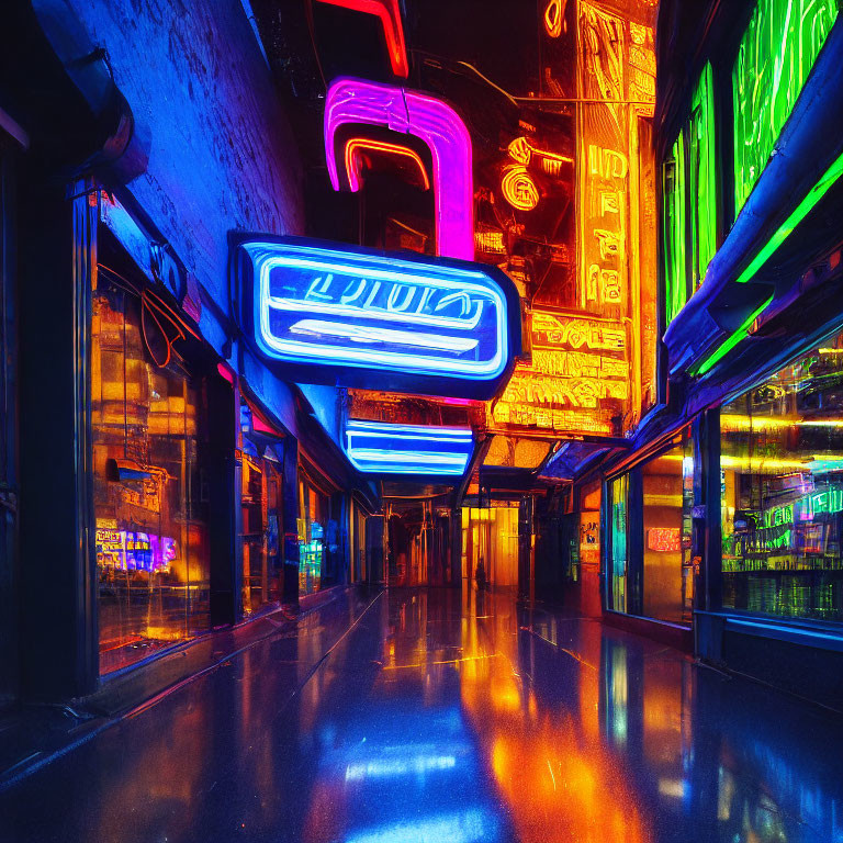 Vibrant neon lights in narrow urban alleyway at night