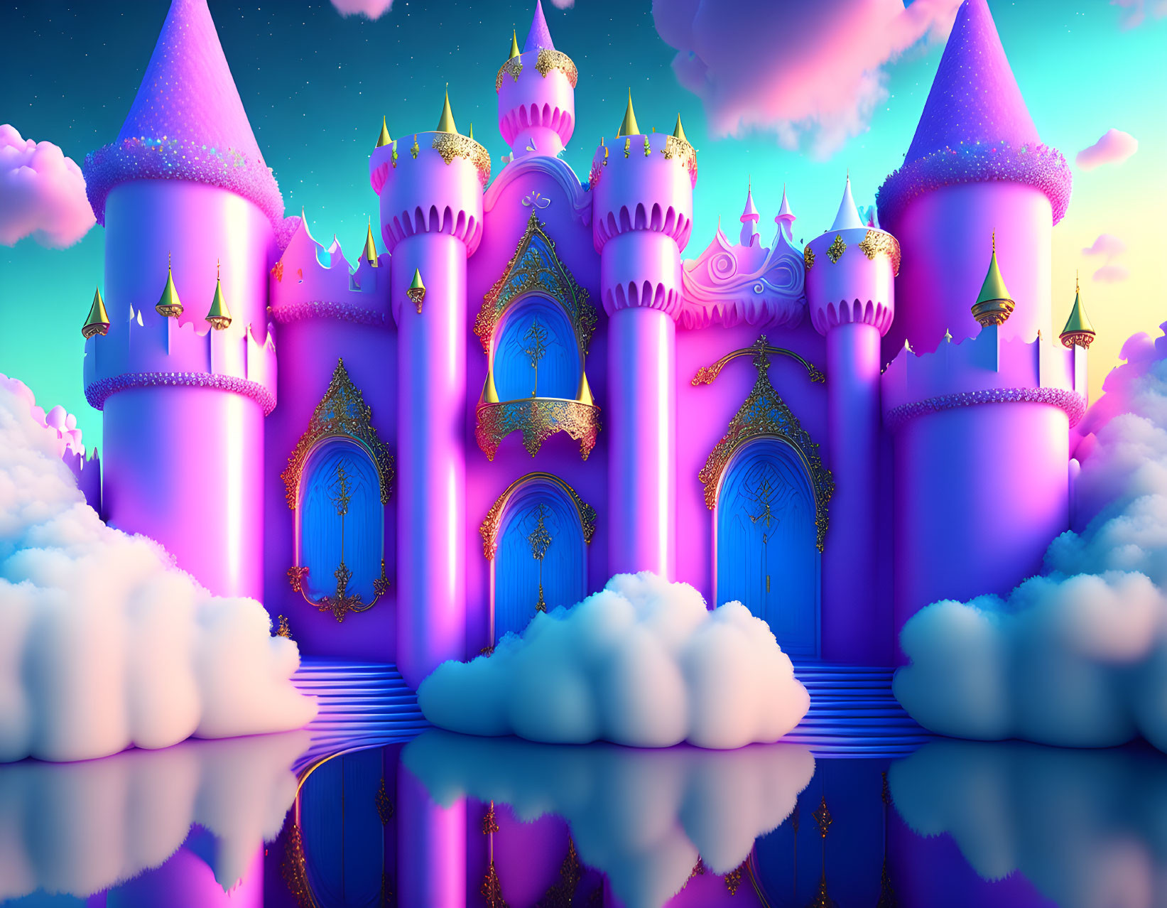 Pink fantasy castle with blue and gold accents floating on clouds at sunset