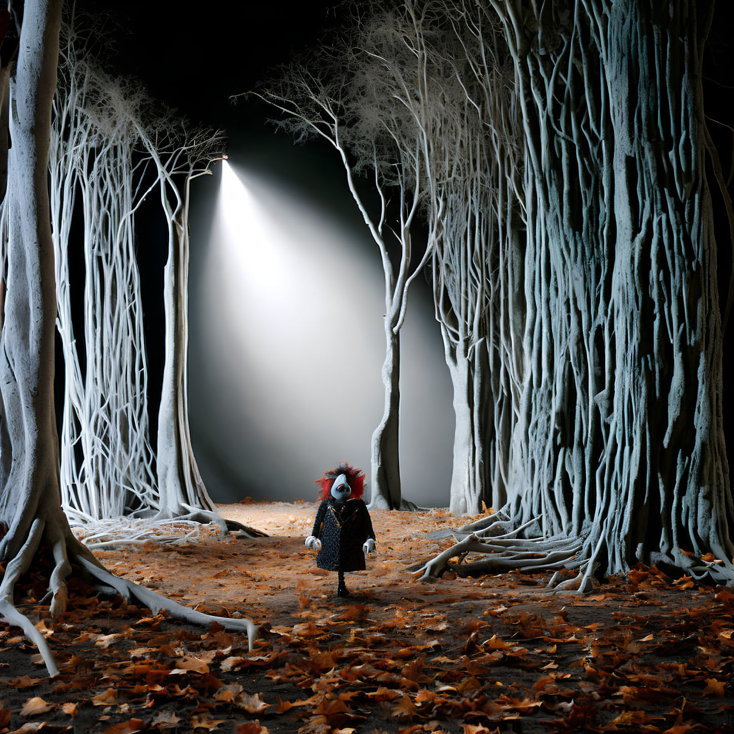 Plague doctor in mask and costume in forest with white trees