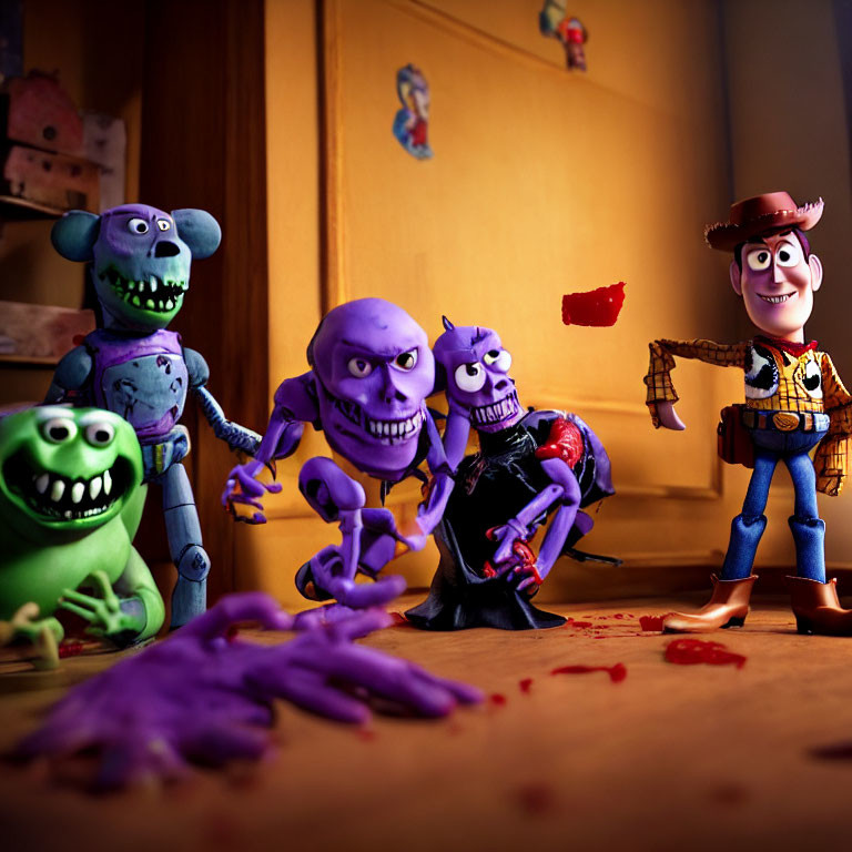 Colorful cartoon monsters surround smiling Woody in messy room.