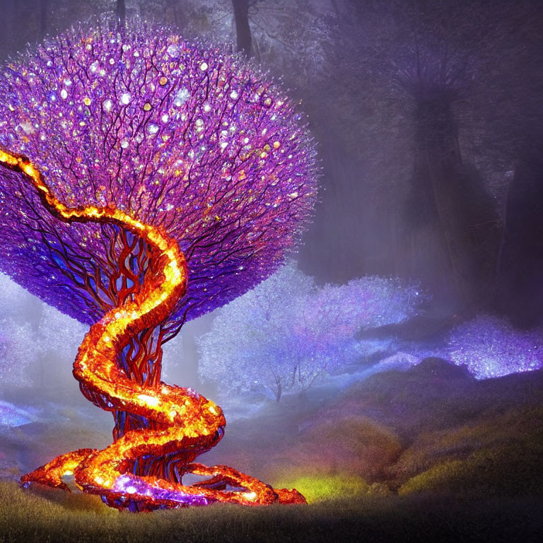 Digital artwork: Twisted tree with purple foliage and red glowing trunk in mystical forest