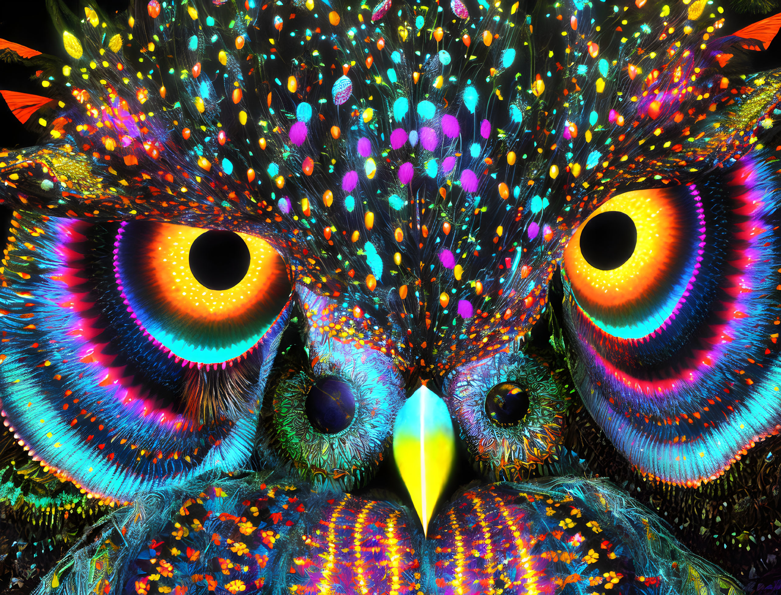 Colorful owl digital artwork with kaleidoscopic feathers