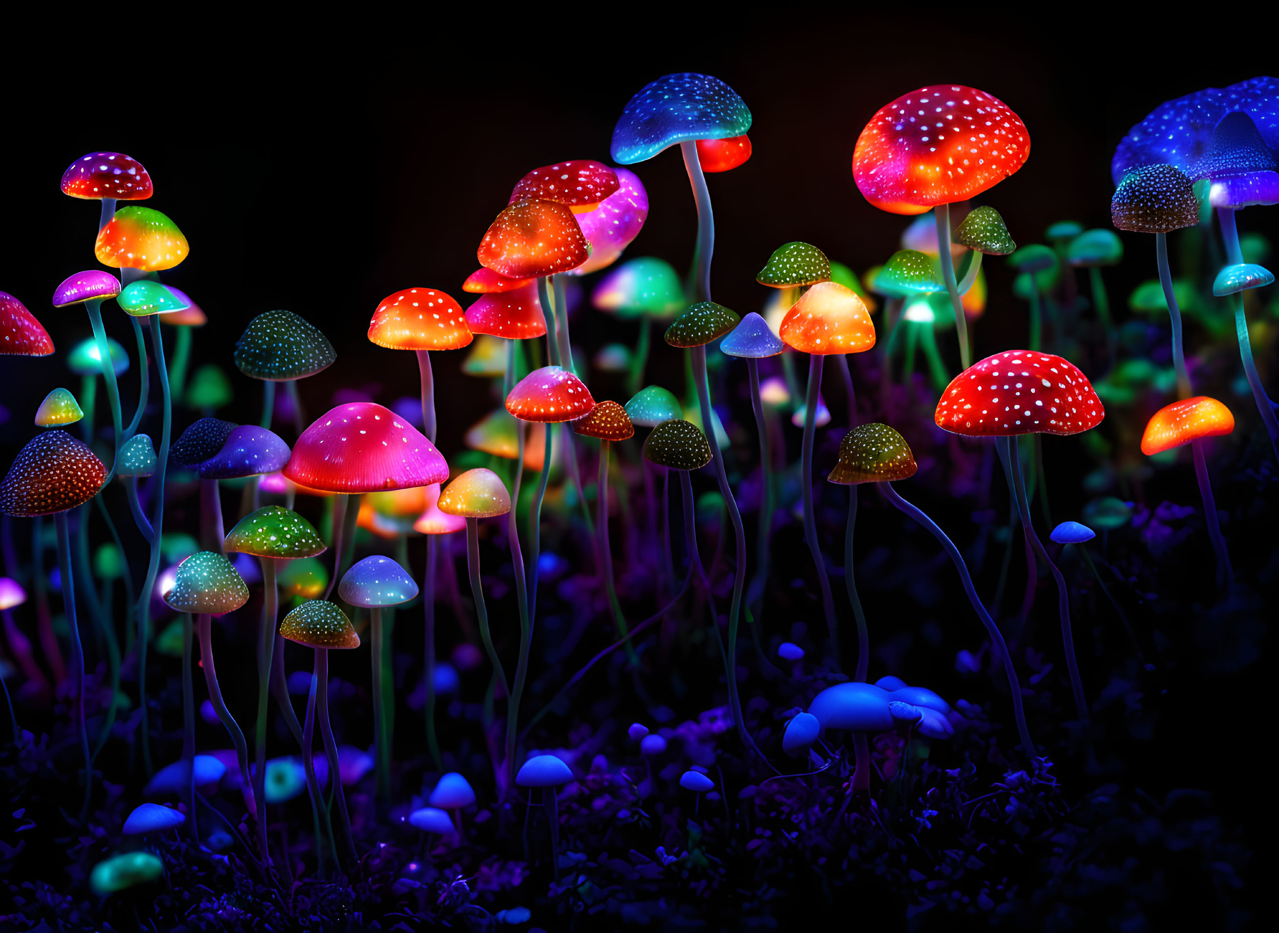 Multicolored mushrooms in neon-lit forest setting