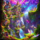 Fantastical landscape with whimsical cottages, waterfalls, and colorful butterflies