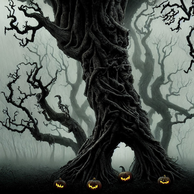 Spooky forest scene with gnarled tree and jack-o'-lanterns