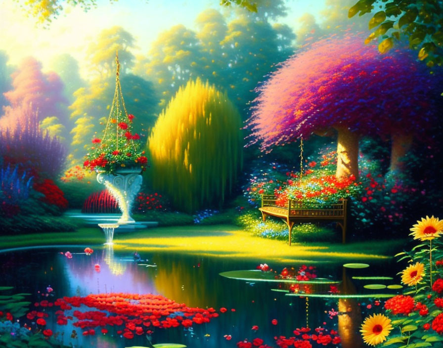 Colorful Fantasy Garden with Trees, Flower Pot, Bench, and Pond