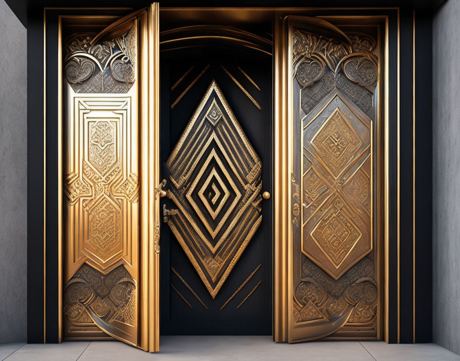 Intricate golden double doors on gray wall, slightly open