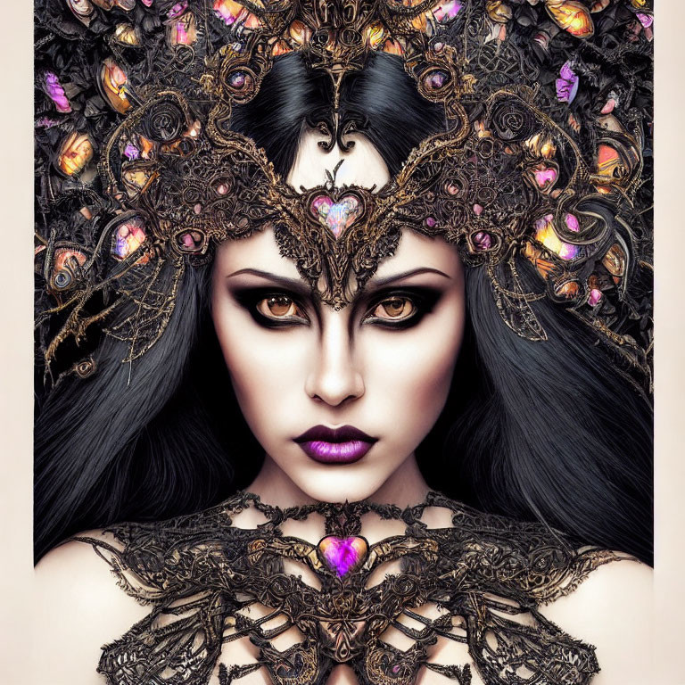 Detailed illustration: Woman with dark hair, striking makeup, ornate gothic headpiece, heart motifs