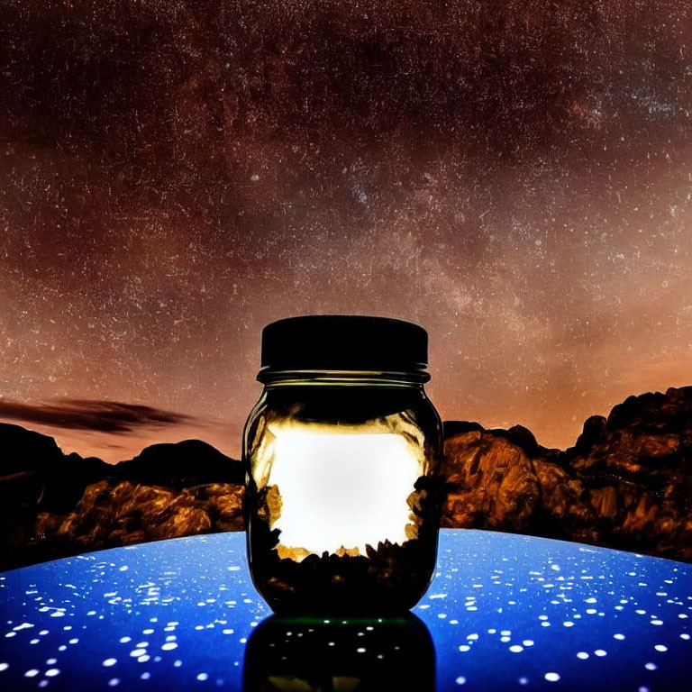 Glass jar on reflective surface under starry night sky with rock formations