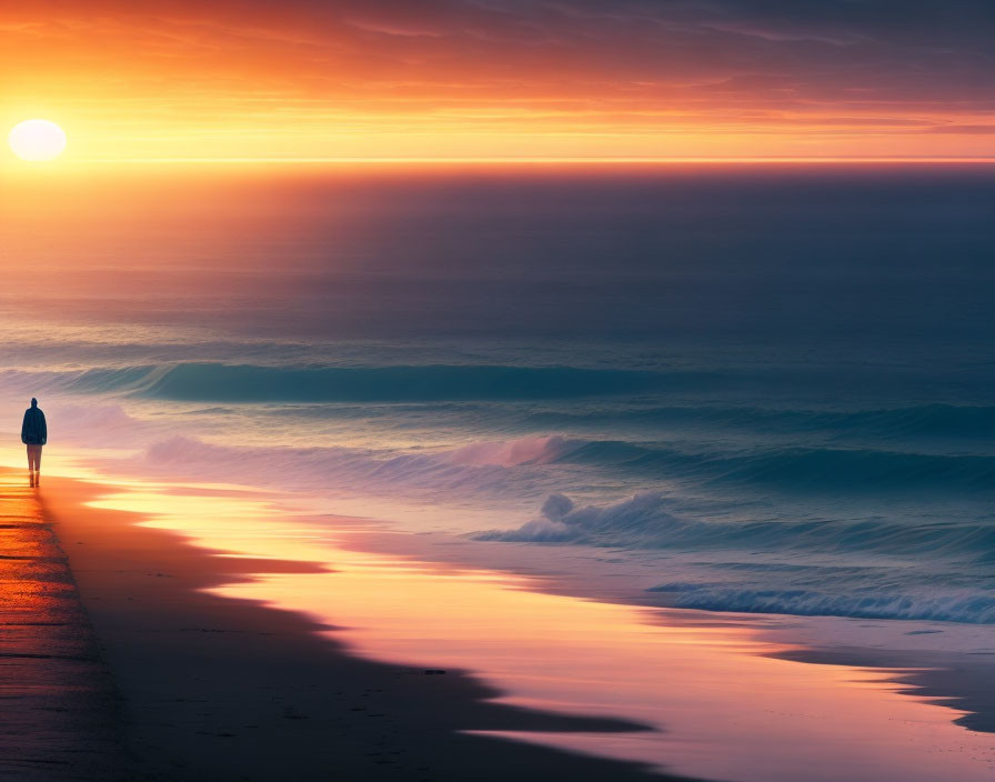 Figure on Beach at Sunset with Rolling Waves and Warm Sun Glow