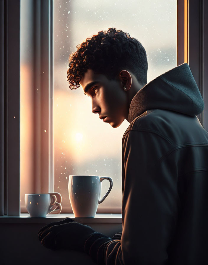 Curly-Haired Young Man Contemplating at Twilight with Snowflakes and Cups