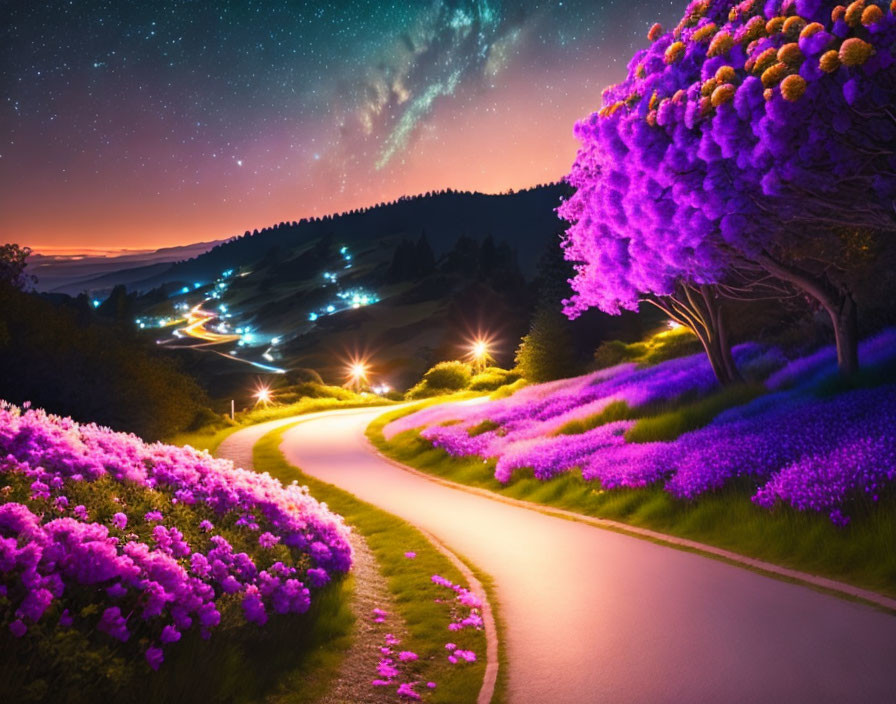 Vibrant purple and pink flora on winding road under starry night sky