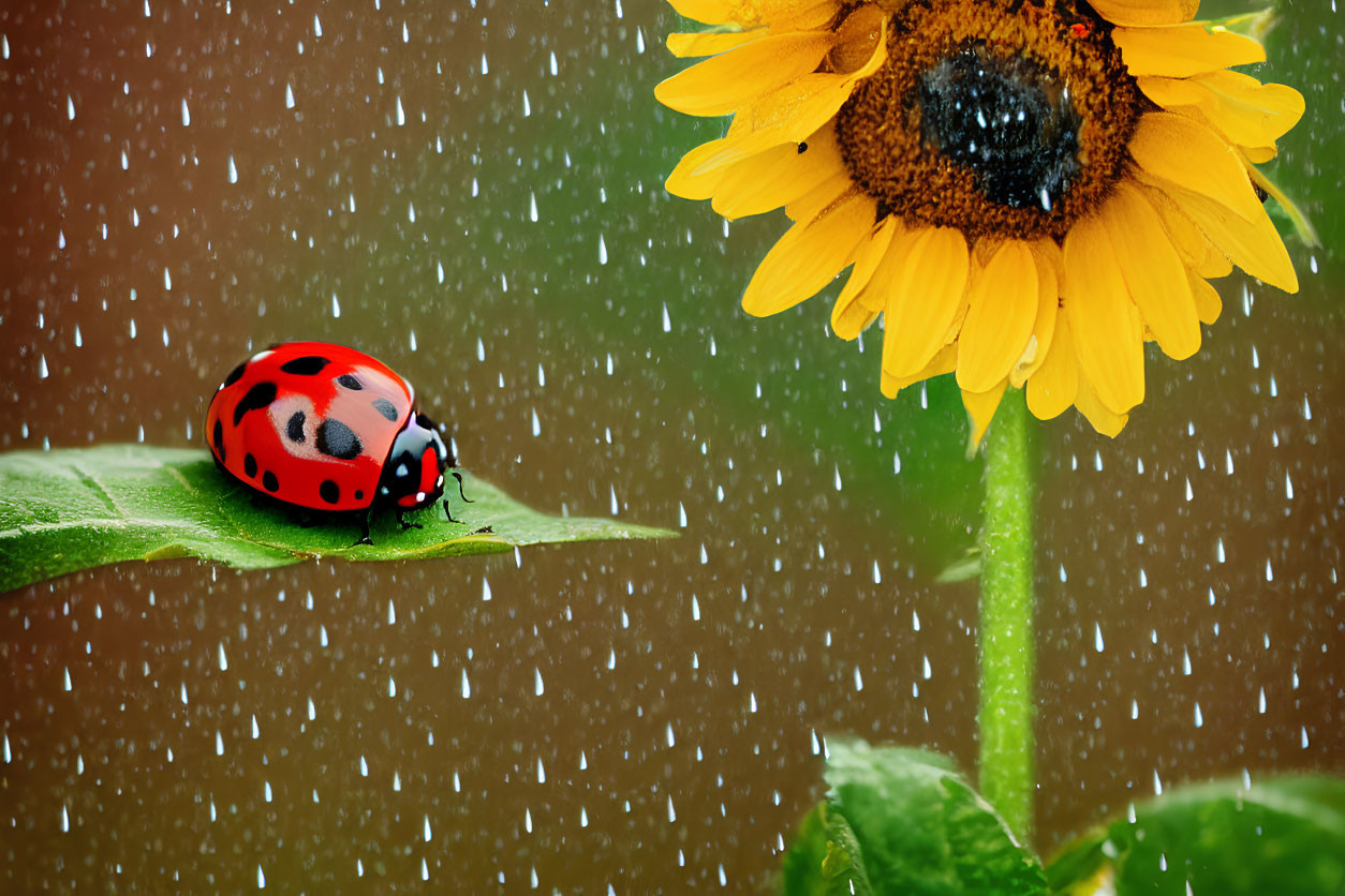 Ladybug on green leaf with sunflower in gentle rain