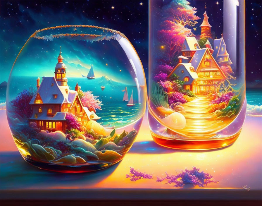 Vibrant terrariums with whimsical houses and nature against twilight backdrop