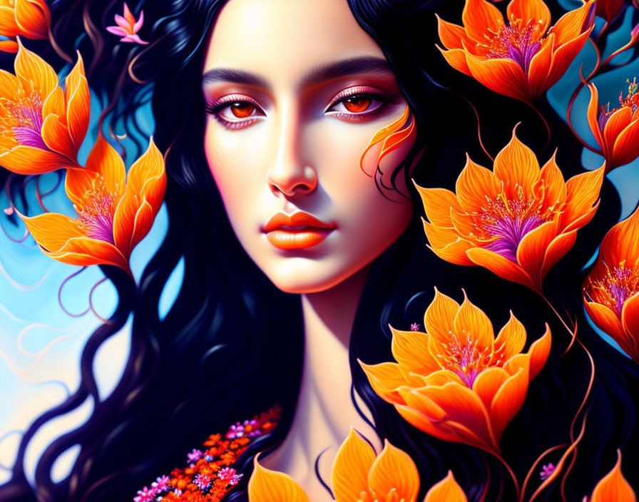 Illustration: Woman with flowing black hair and orange flowers, creating a mystical and floral look