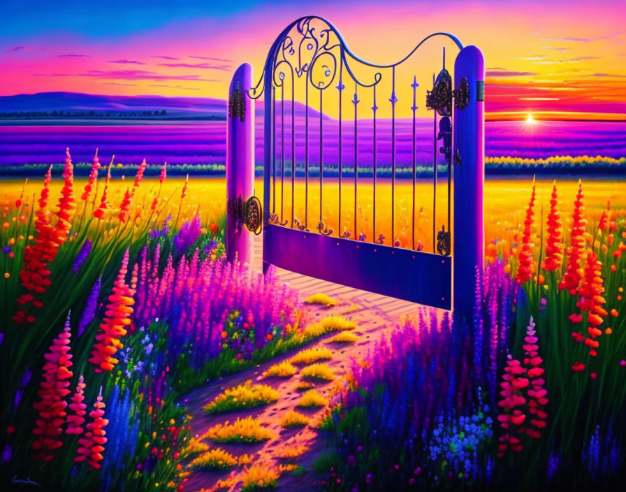 Colorful digital artwork: ornate gate, flower field, sunset sky