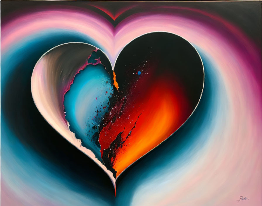 Colorful Heart Painting on Black and Pink Gradient Background