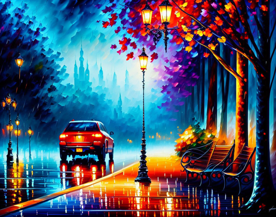 Colorful rainy city street at night with glowing lamppost, red car, and bench reflected on