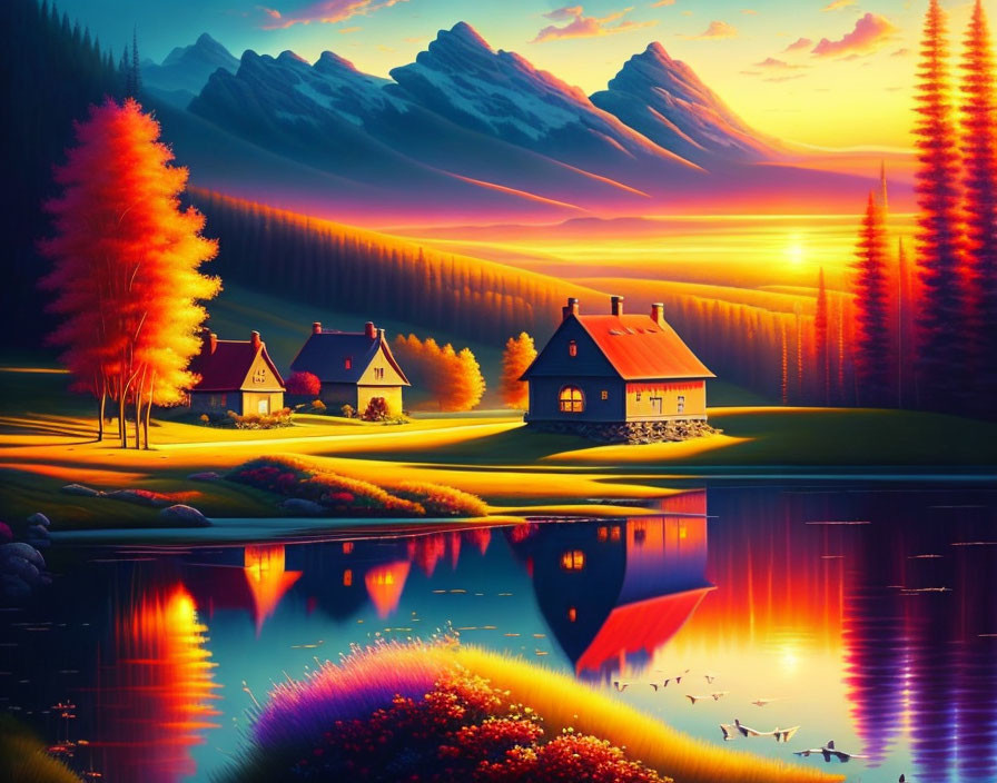 Scenic sunset landscape with reflective lake, colorful trees, cozy houses, and mountain backdrop