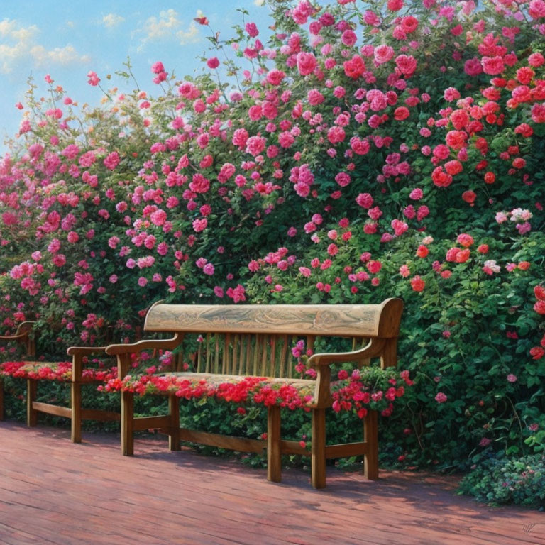 Wooden Bench Surrounded by Pink and Red Rose Bushes