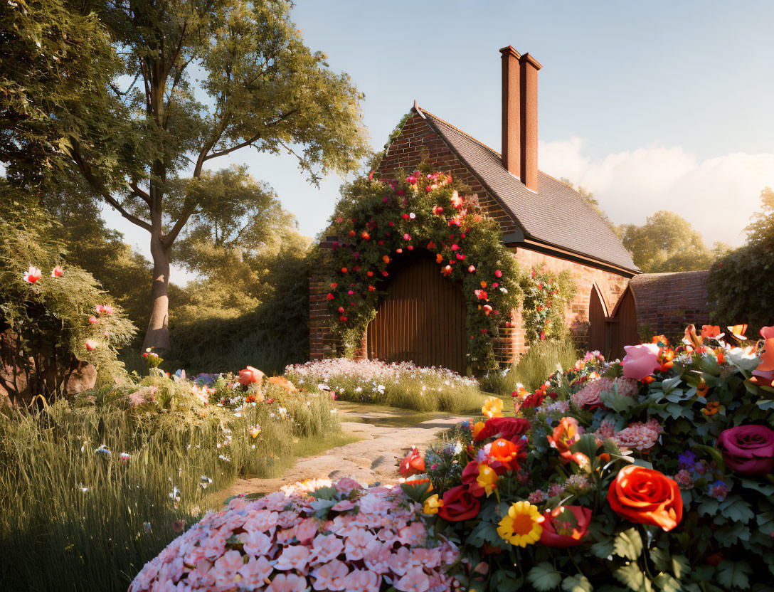 Charming cottage with vibrant flowers and prominent chimney in warm sunlight