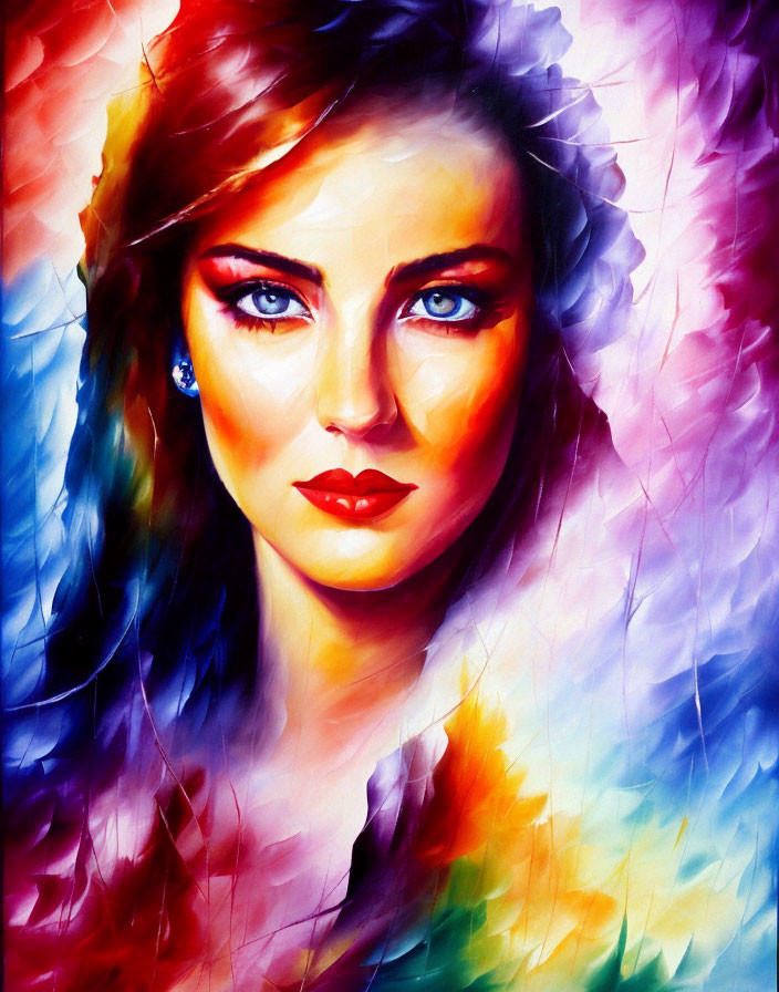 Colorful portrait of woman with blue eyes and red lips on abstract background